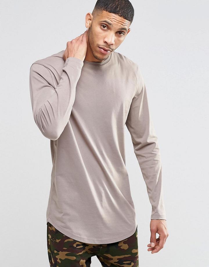 Asos Longline Long Sleeve T-shirt With Curved Hem In Beige - Brown