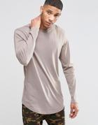 Asos Longline Long Sleeve T-shirt With Curved Hem In Beige - Brown