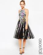 Asos Tall Mesh Fit And Flare Midi Dress In Dark Floral Print - Multi