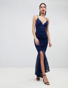Asos Design Deep Plunge Lace Bodycon Maxi Dress With Fishtail - Orange