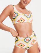 Monki Nilla Recycled High Waist Bikini Bottoms In Mosaic Print-multi