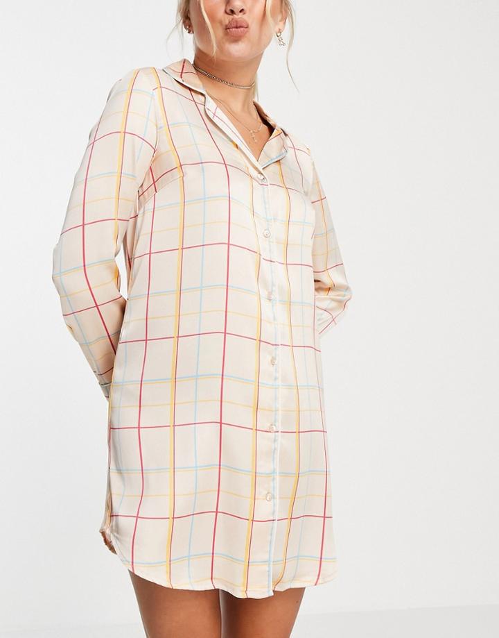 Vero Moda Satin Night Shirt In Blush Plaid-multi