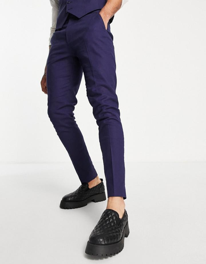 Asos Design Skinny Linen Mix Suit Pants In Navy