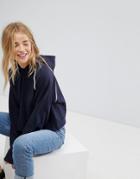 Pull & Bear Piped Crop Hoodie - Navy