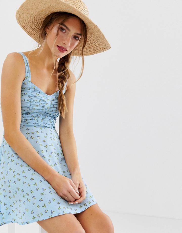 Asos Design Ruched Bust Button Through Mini Sundress In Floral Print - Multi