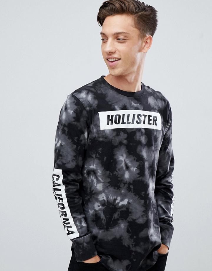 Hollister Acid Wash Long Sleeve Top Front And Sleeve Logo In Black - Black