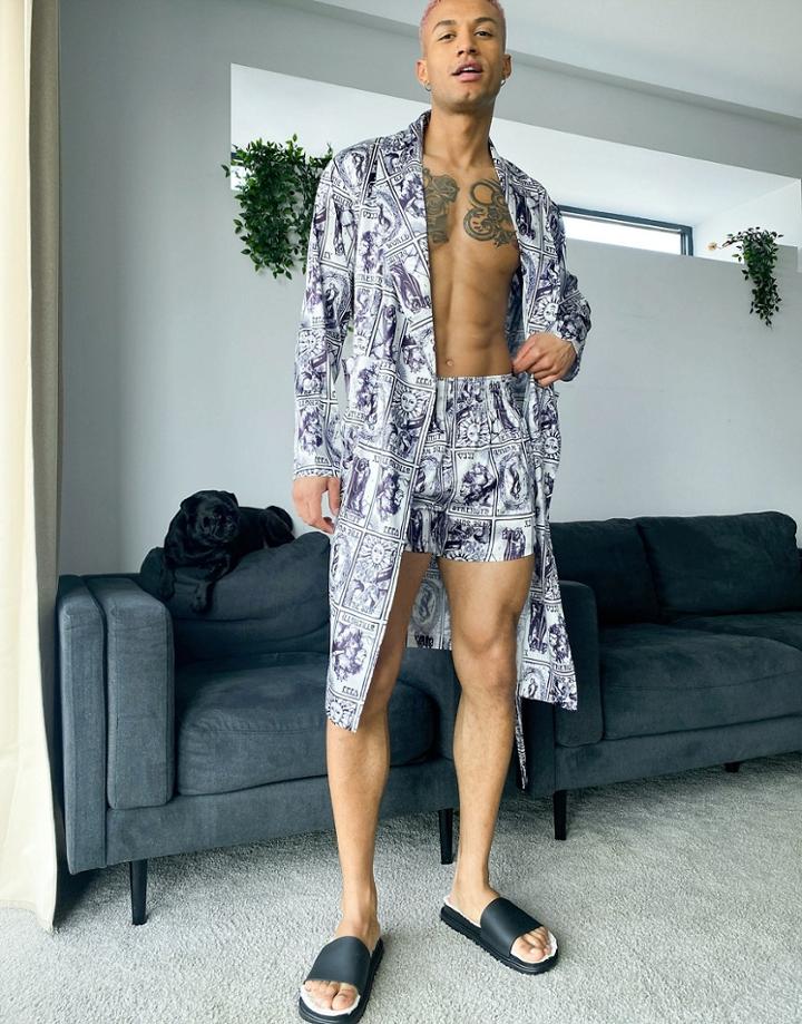Asos Design Set Satin Dressing Gown With Tarot Print-multi