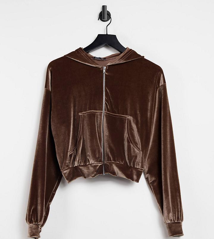 Fashionkilla Exclusive Velour Zip Through Hoodie Set In Mink-brown