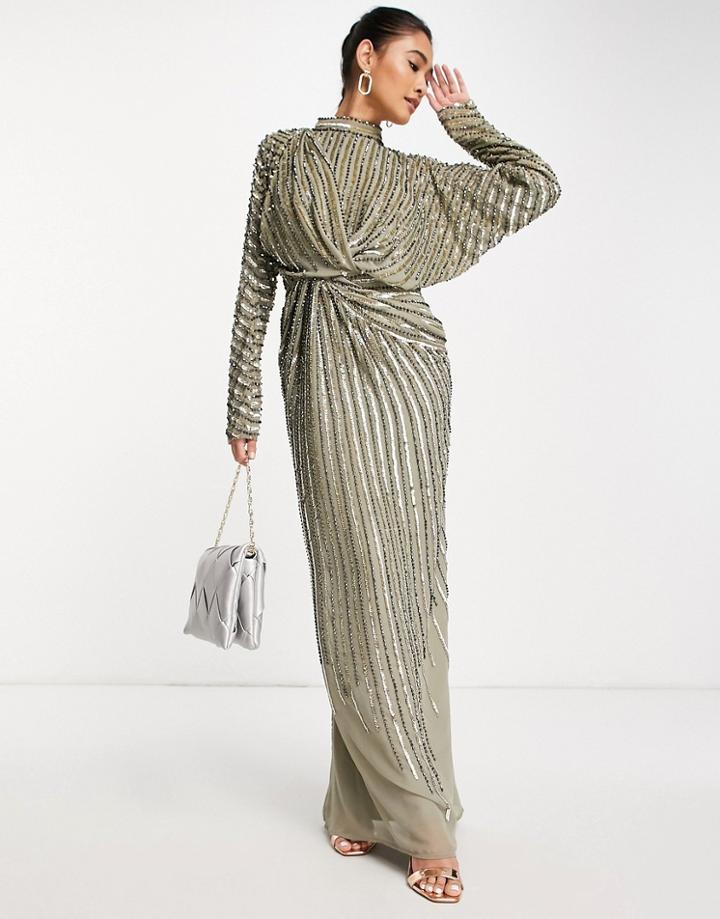 Asos Design Linear Embellished Maxi Dress With Twist Detail In Green