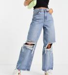 Asos Design Petite High Rise 'relaxed' Dad Jeans In Brightwash With Rips-blues