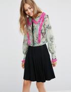 Asos Bird Print Floral Blouse With Contrast Pleat - Multi