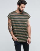 Asos Oversized Longline Sleeveless Stripe T-shirt In Khaki - Brown