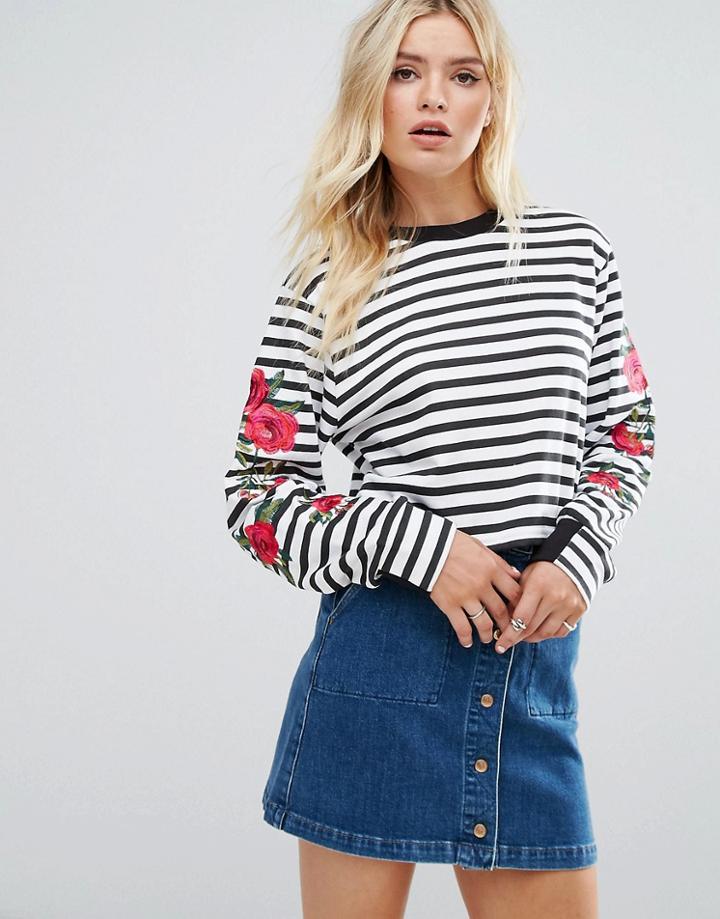 Daisy Street Stripe Top With Rose Sleeve Detail - Black