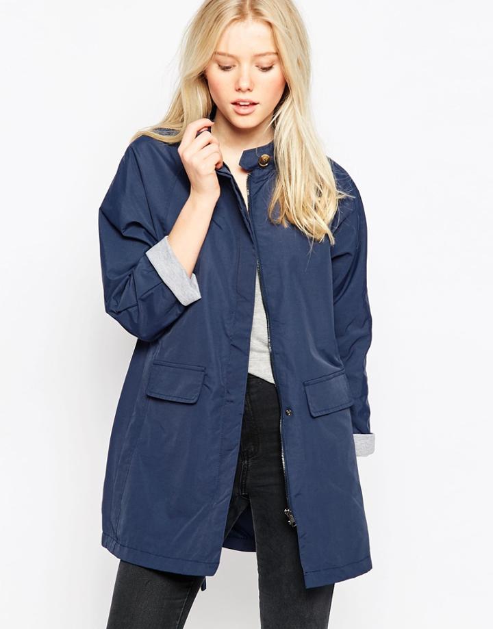 Native Youth High Collar Trench - Navy