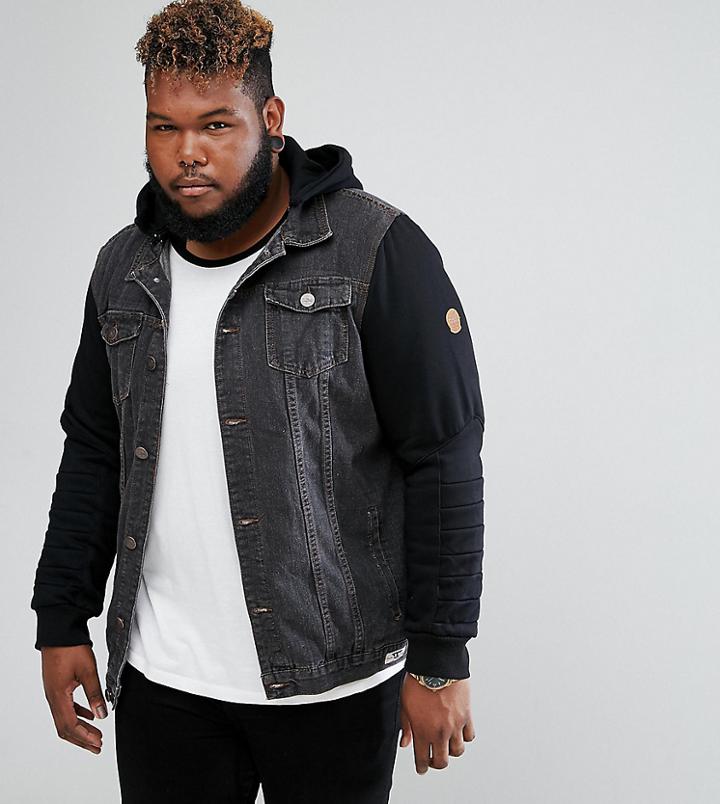 Duke Plus Denim Jacket With Jersey Sleeves In Black - Black