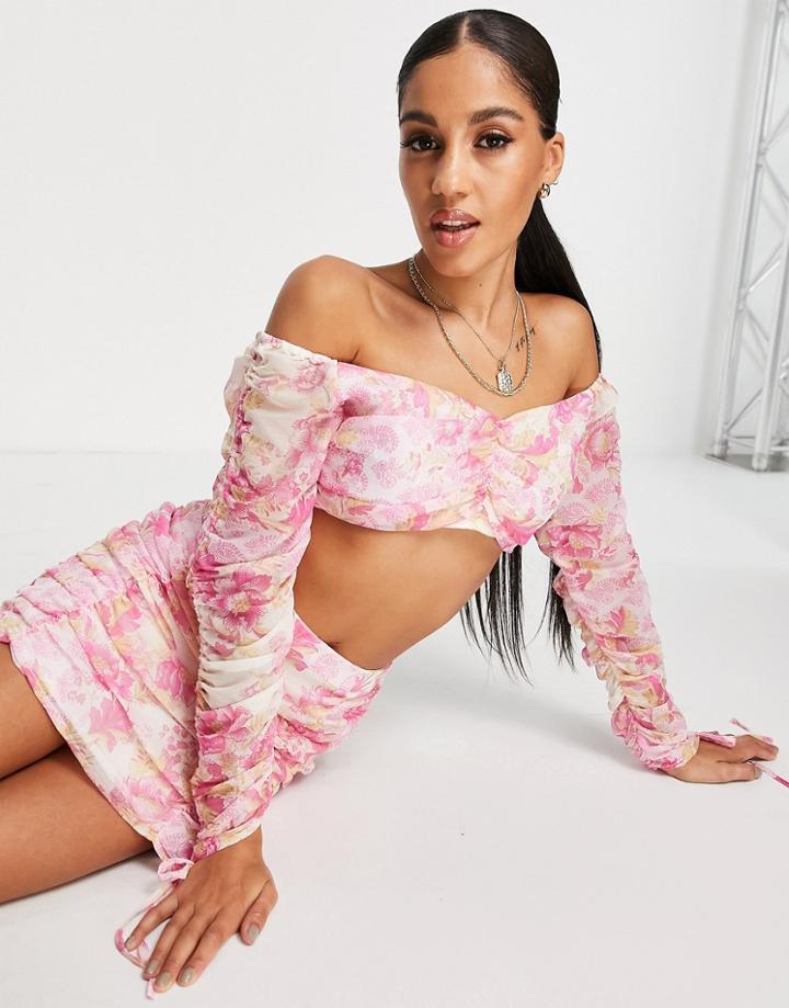 Asos Design Coordinating Ruched Front Long Sleeve Crop Top In Pink Floral Print-multi
