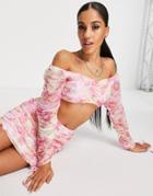Asos Design Coordinating Ruched Front Long Sleeve Crop Top In Pink Floral Print-multi