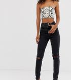 Asos Design Tall Farleigh High Waisted Slim Mom Jeans In Washed Black With Busted Knees