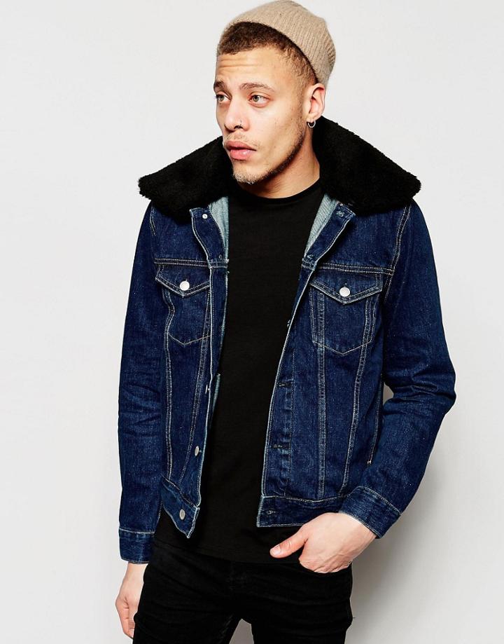 Weekday Single Trucker Denim Jacket Detatchable Fleece Collar In Tender Blue - Tender Blue
