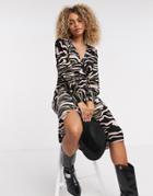 Object V Neck Long Sleeve Midi Tea Dress In Black Print