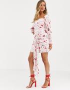 Dark Pink Shirred Sleeve Mini Dress With Wrap Front Detail In Pink Floral