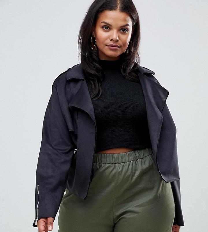 Prettylittlething Plus Faux Suede Biker Jacket In Black - Black