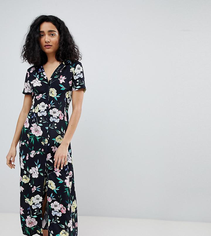 Bershka Floral Midi Shirt Dress In Black
