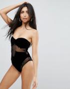 Asos Star Mesh Insert Velvet Bandeau Swimsuit - Black