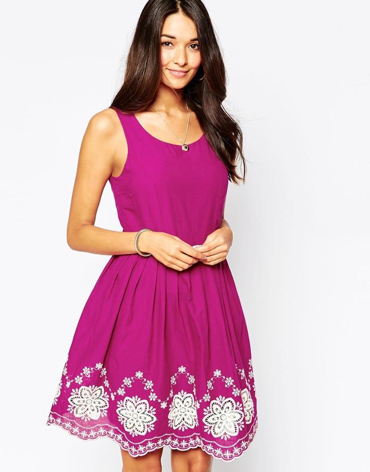 Yumi Belted Skater Dress With Embroirderd Hem - Pink