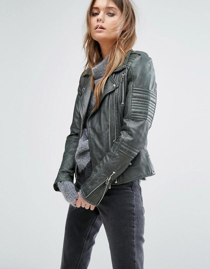 Goosecraft Double Zip Leather Biker Jacket With Shoulder Tabs - Green