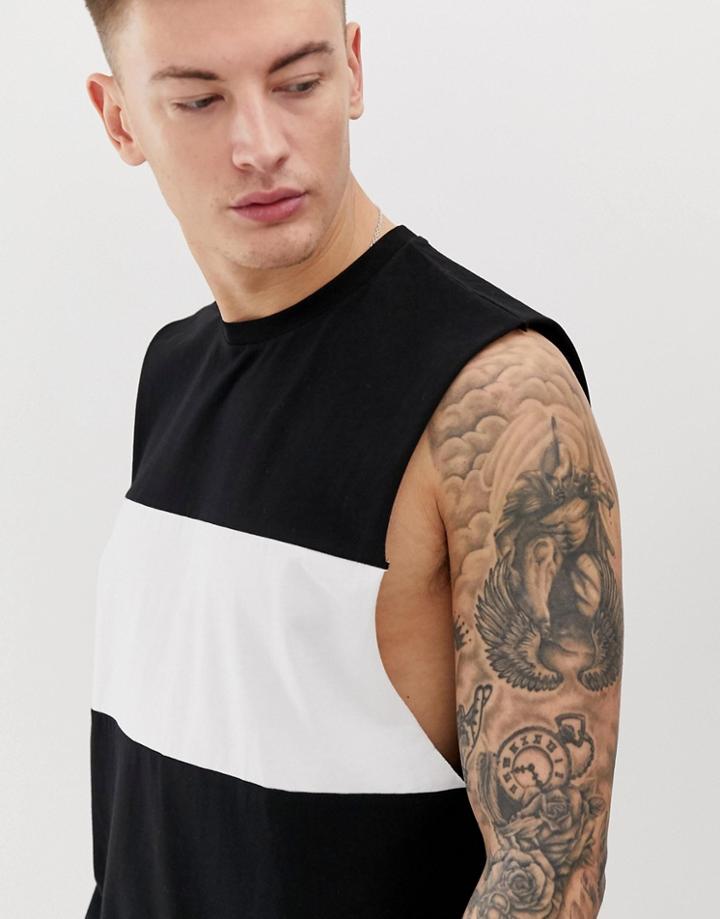 Asos Design Relaxed Sleeveless T-shirt With Dropped Armhole With Contrast Body Panel In Black - Black