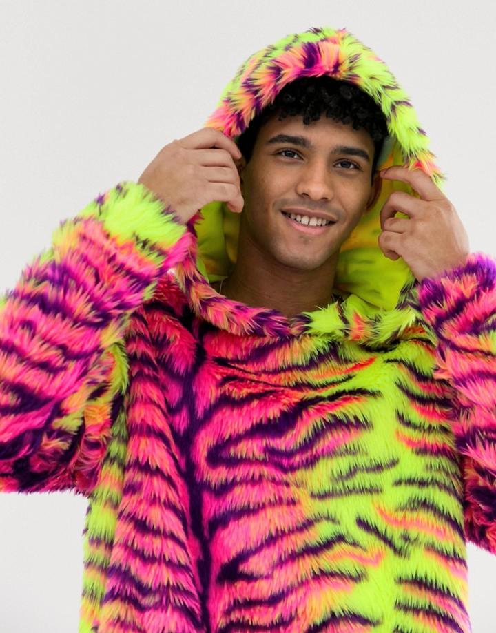 Jaded London Festival Hoodie In Neon Tiger Faux Fur - Multi