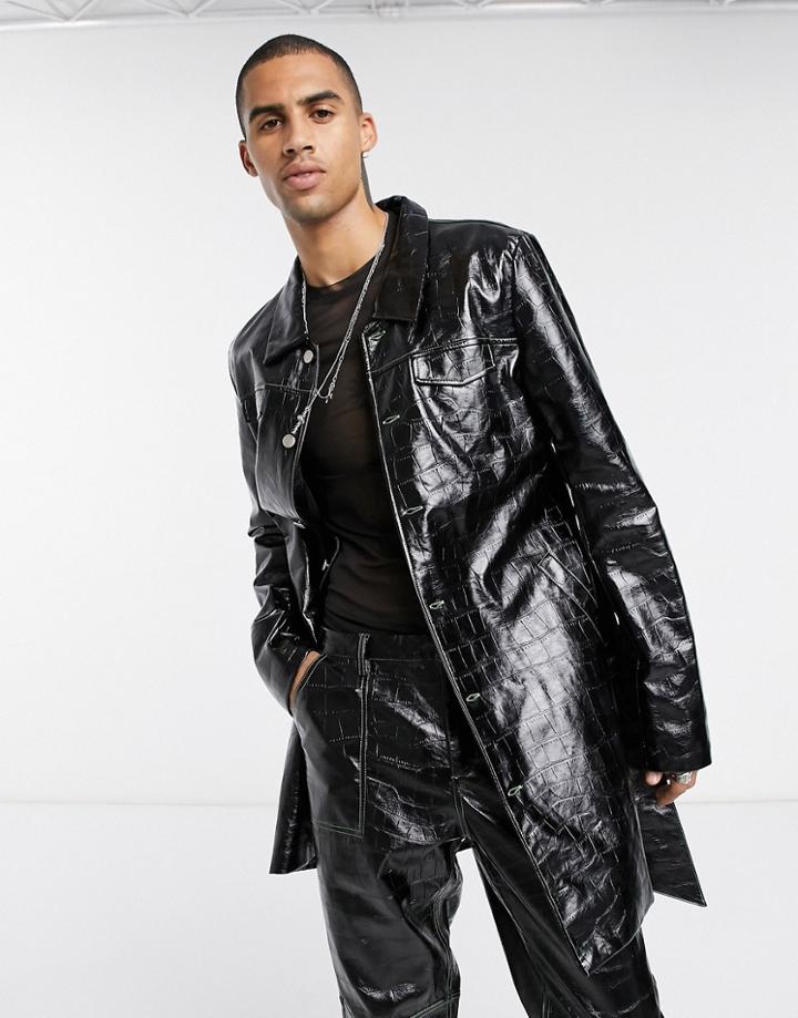 One Above Another Patent Croc Trench Coat Contrast Lime Stitch In Black