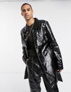 One Above Another Patent Croc Trench Coat Contrast Lime Stitch In Black