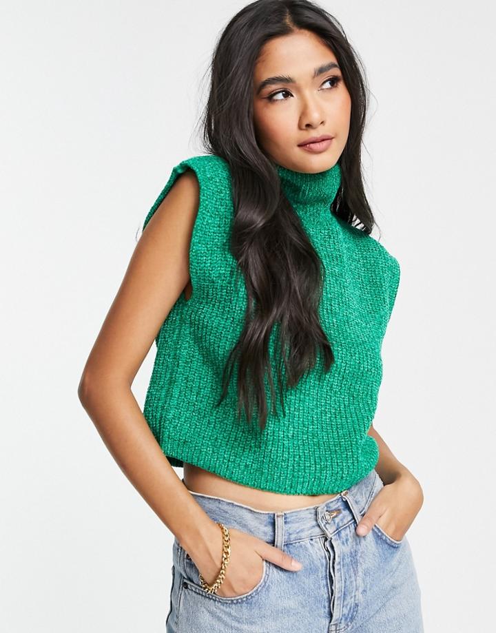 Asos Design High Neck Knit Tank Top In Chenille In Green