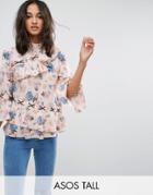 Asos Tall Asymmetric Ruffle Blouse In Floral Print With Contrast Lace Up - Multi