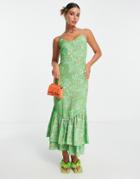 Never Fully Dressed Cami Ruffle Hem Midaxi Dress In Green Leopard