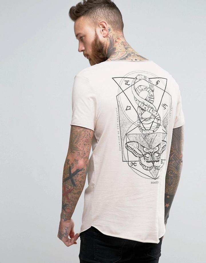 Asos Longline T-shirt With Mystical Back Print And Raw Scoop Neck And