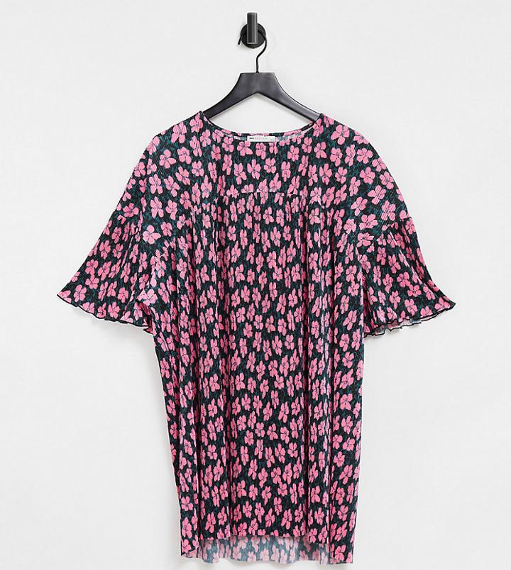 Asos Design Curve Mini Plisse Crew Neck Dress In Pink And Black Floral