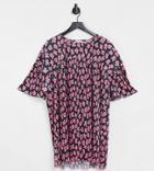 Asos Design Curve Mini Plisse Crew Neck Dress In Pink And Black Floral