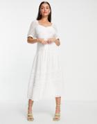 Asos Design Soft Sweetheart Neck Button Through Midi Dress With Lace Inserts In White