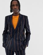 Asos Design Slim Double Breasted Suit Jacket In Navy Wide Stripe - Navy