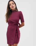 Fashion Union High Neck Bodycon Dress With Tie Front Wrap Detail - Red