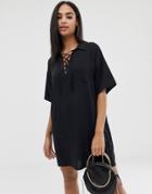Asos Design Chuck On Mini Shirt Dress With Lace Up - Black