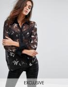Religion Oversized Shirt With Dark Butterfly Print - Black