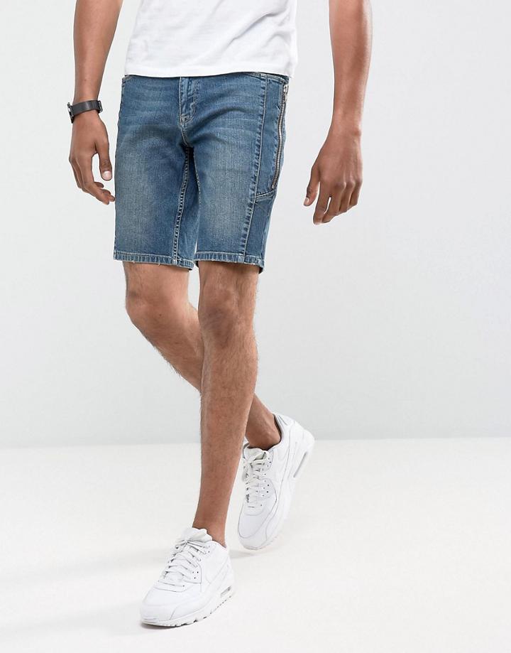 Asos Denim Shorts In Skinny Dark Wash Blue Biker With Zip Detail - Blue