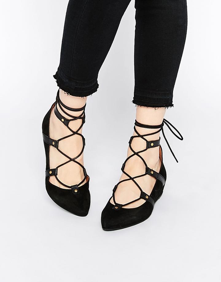 Carvela Live Black Suede Ghillie Flat Shoe - Black