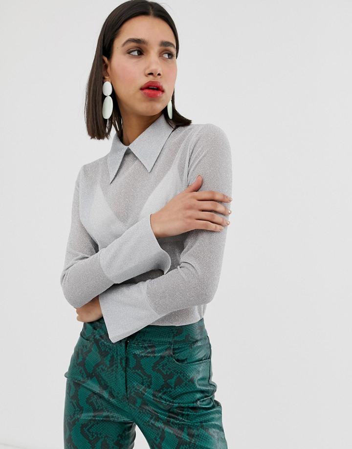 Resume Mattie Glitter Long Sleeve Top With Collar - Silver