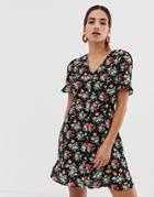 Oasis Button Down Tea Dress In Floral Print - Black