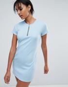 Daisy Street T-shirt Dress With Tie Waist And Zip Front - Blue